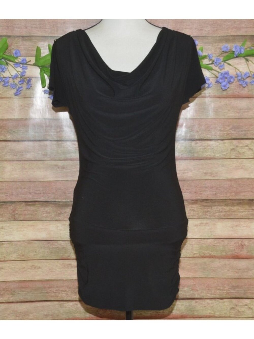 WHBM Stretch Bodycon Little Black Dress XS Cowl Neck Short Sleeves Ruched Sexy